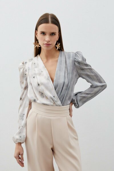 بلوز بادی ست طرح‎دار طوسی برند Sateen کد 1733588401