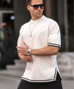 نواری یقه گرد شیری تیشرت برند Madmext کد 1737786595