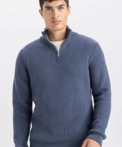 پلیور بافتنی ساده برش یقه ایستاده زیپدار استاندارد برند Defacto کد 1735891550