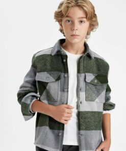 پیراهن قالب گشاد پارچه پشمی آستین بلند یقه سه دکمه چهارخانه پسرانه برند Defacto کد 1737788631