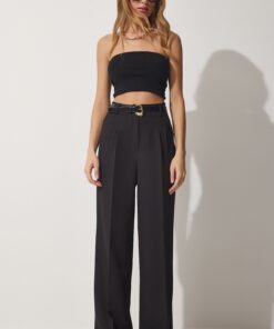 بافته شده پاچه گشاد شلوار مشکی زنانه برند Happiness İstanbul کد 1736159994