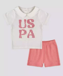 ست کودک آستین کوتاه دخترانه نارنجی کرم سالمون تیشرت برند U.S. Polo Assn. کد 1735787121