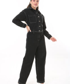 پیراهن جین زنانه بزرگ سایز سیاه با دوخت متضاد و دکمههای فلزی 65N37723 کد 1742161327
