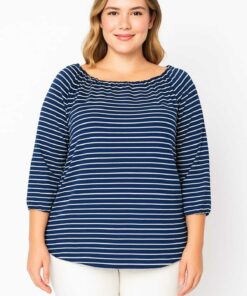 تونییک زنانه بزرگ‌پوش آبی تیره با یقه کشی و جزئیات آستین چین‌دار کد 1742229667