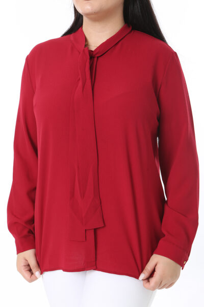 بلوز زنانه بزرگ سایز رنگ bordo با دکمه جلو و آستین بلند و بند فوله 65N38369 کد 1742177531