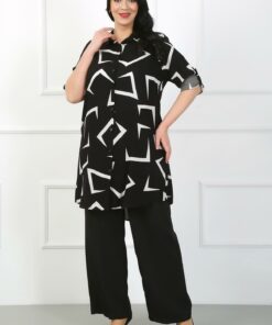 بلوز زنانه مشکی طرح دار از جنس پنبه و ویسکوز بزرگ. کد 1742337662