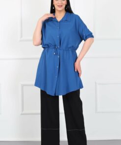 تونیک بزرگ سایز زنانه با پارچه پنبه و ویسکوز، با بند دور کمر. کد 1742337726