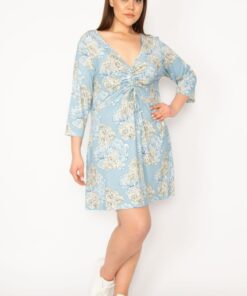 تونییک زنانه بزرگ سایز با جزئیات چین دار در قسمت سینه، آبی. کد 1742231466