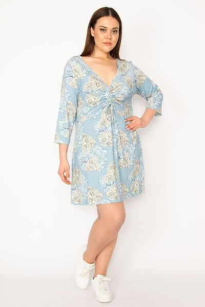 تونییک زنانه بزرگ سایز با جزئیات چین دار در قسمت سینه، آبی. کد 1742231466