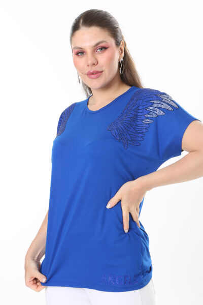 بلوز زنانه سایز بزرگ با جزئیات سنگی و آستین کوتاه 65N37675 کد 1742312583