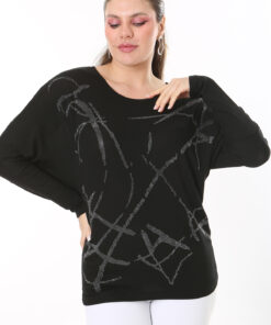 بلوز زنانه بزرگ سایز سیاه با جزئیات سنگ دار و آستین خفاشی 65N37689 کد 1742168471
