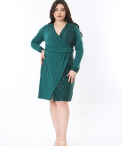 پیراهن زنانه سایز بزرگ سبز با جزئیات گیپور، آستین بلند. کد 1742219477