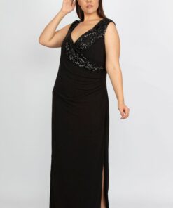 لباس شب زنانه مشکی با جزئیات پولکدوزی سایز بزرگ ۶۵n34786 کد 1742210586