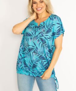 بلوز زنانه بزرگپرس با جزئیات سنگی آبی و بند تونل. کد 1742308326