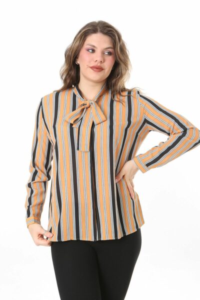 بلوز راه‌راه زرد گودی بزرگ زنانه با یقه فولی 65N38018 کد 1742308271