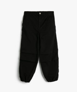 شلوار جین پاراشوت با کمر کشی و جیب‌دار، از جنس کتان. کد 1741800074