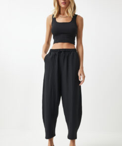 شلوار گشاد کتان و ویسکوز با جیب مشکی زنانه مدل CV00001 کد 1741287432