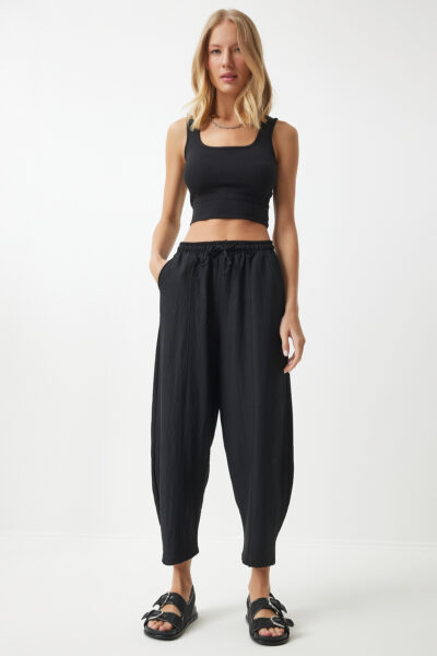 شلوار گشاد کتان و ویسکوز با جیب مشکی زنانه مدل CV00001 کد 1741287432