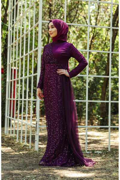 لباس مجلسی توری با چترک‌های پولکی 5345-03 بنفش کد 1742329330