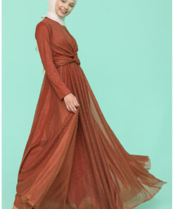 پیراهن مجلسی زنانه با رنگ آجر و الیاف براق کد 1742329390