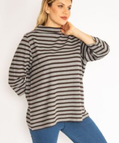 بلوز خط دار خاکستری زنانه سایز بزرگ 65n35169 کد 1742312524