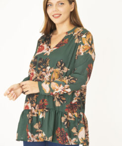 بلوز شفاف زنانه سبز با یقه V و دامن لایهلایه 65N36955 کد 1742224866