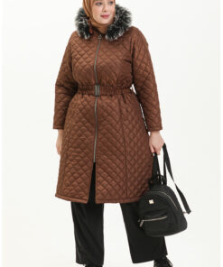 کاپشن پفکی بزرگ سایز با خز 6047-06 قهوهای کد 1742262785