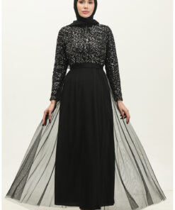 پیراهن مجلسی با کمربند توری، شماره 5353A-04، مشکی نقرهای. کد 1742236928