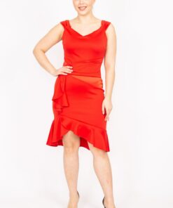 دست dress زنانه قرمز بزرگ سایز با چین در کمر و زیپ پشتی. کد 1742215385