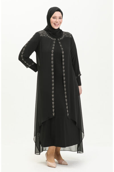 لباس مجلسی با الگوی سنگی سایز بزرگ 5066A-01 مشکی کد 1742329388