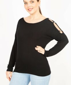 بلوز زنانه مشکی بزرگ سایز با دکولته شانه مدل 65n35862 کد 1742168463
