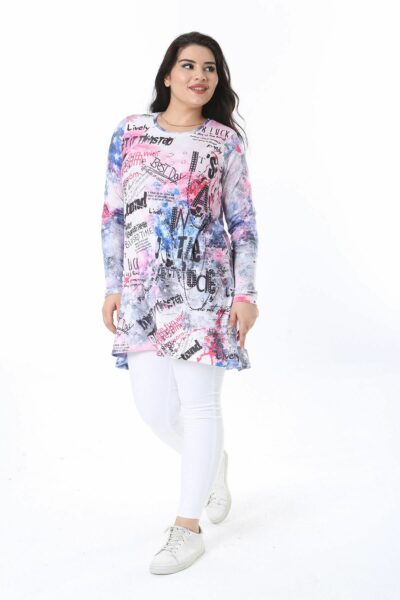 تونیك زنانه سایز بزرگ با یقه گرد و چاپی رنگی 65N38245 کد 1742337671