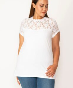 بلوز زنانه بزرگ سایز با یقه جلو و آستین‌های دانتل سفید 65n33412 کد 1742168470