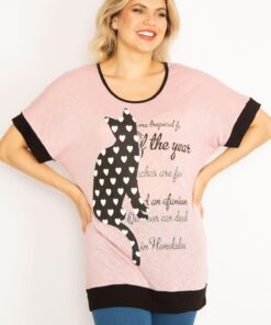 تُنیک زنانه بزرگ سایز صورتی با طرح گربه و جزئیات چاپی و سنگی کد 1742224929