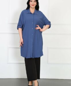 بلوز بزرگ زنانه از پارچه بافت براق ایندیگو کد 1742334191