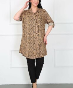 تونیك بزرگ سایز زنانه با طرح ستونی نخی قهوه‌ای کد 1742339462