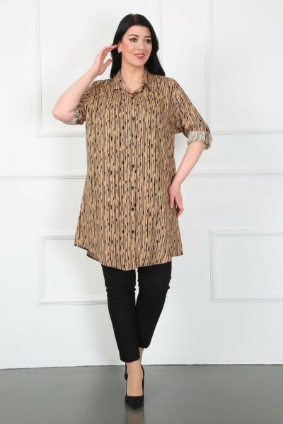 تونیك بزرگ سایز زنانه با طرح ستونی نخی قهوه‌ای کد 1742339462