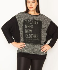 تونیك زنانه بزرگ سایز سیاه با جزئیات چاپی دو رنگ. کد 1742224925