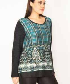 تونیك سبز زنانه بزرگ سایز با یقه دوچرخهای و طرح جلو 65n31342 کد 1742229729