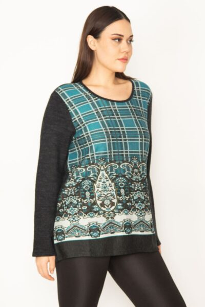 تونیك سبز زنانه بزرگ سایز با یقه دوچرخه‌ای و طرح جلو 65n31342 کد 1742229729