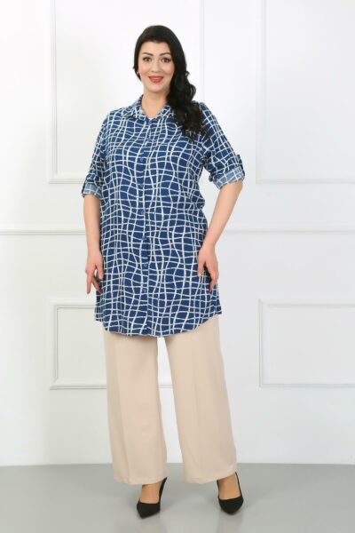 تونیک بزرگ‌قد زنانه با طرح خطوط ایندگو و پارچه نخی ویسکوز. کد 1742339470