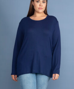 بلوز زنانه بزرگ سایز یقه گرد آبی تیره از پارچه پنبه‌ای با آستین‌های بلند 65N37715 کد 1742177589