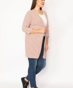 این جمله به فارسی به این شکل ترجمه میشود: کُت ریزش بزرگ زنانه با الگو از پارچهی پنبهای راهراه 65n29666 کد 1742195532