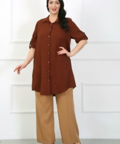 تونیک بزرگ سایز زنانه از کتان نرم قهوه‌ای کد 1742337730