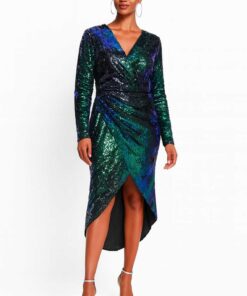 پیراهن مجلسی زنانه بزرگبدن سبز با جزئیات لمه و آستر، آستین بلند. کد 1742219481