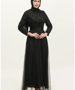 لباس مجلسی با کمربند توری 5353A-19 مشکی کد 1742236923