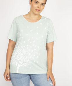 بلوز زنانه سبز بزرگ سایز، پارچه پنبهای، چاپ جلو، آستین کوتاه. کد 1742312586