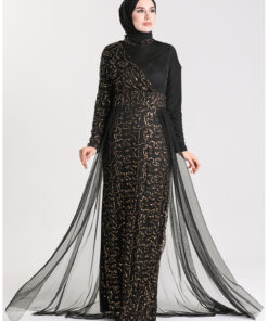 لباس شب توری با پايت مشکی و طلایی 5345-10 کد 1742329387