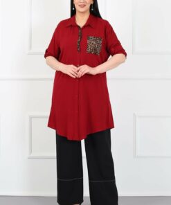 بلوز بزرگ سایز زنانه با دکمه خرچنگی و طرح پلنگی رنگ bordو کد 1742334130
