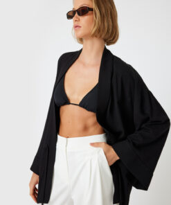 کیمونو با ترکیب کتان، آستین 3/4، گشاد، دارای جیب و کمربند. کد 1741552868